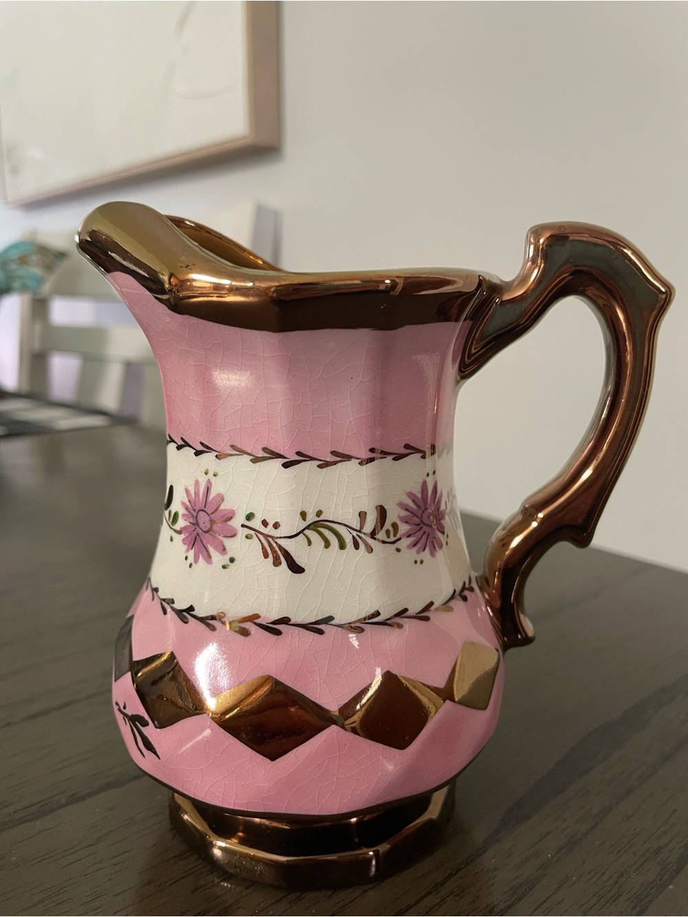 Vintage Pink and Gold Floral Ceramic Pitcher